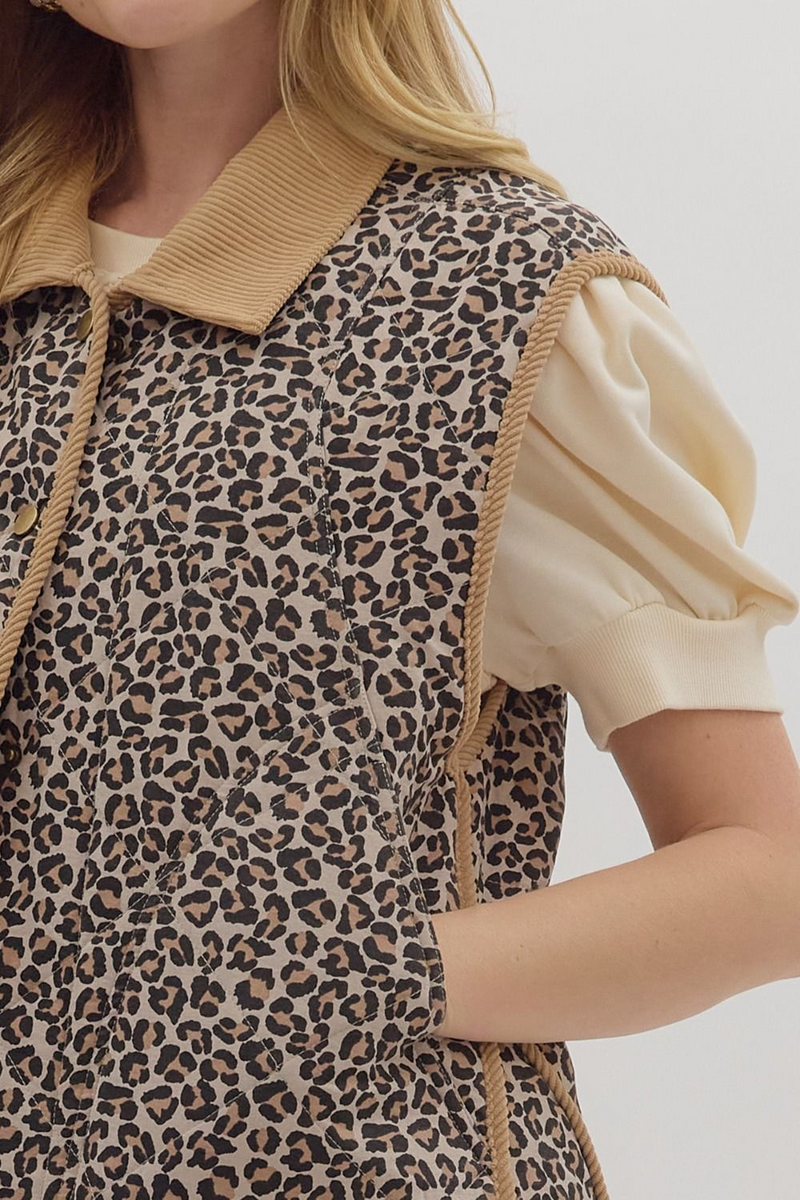 Leopard Button Up Quilted Vest