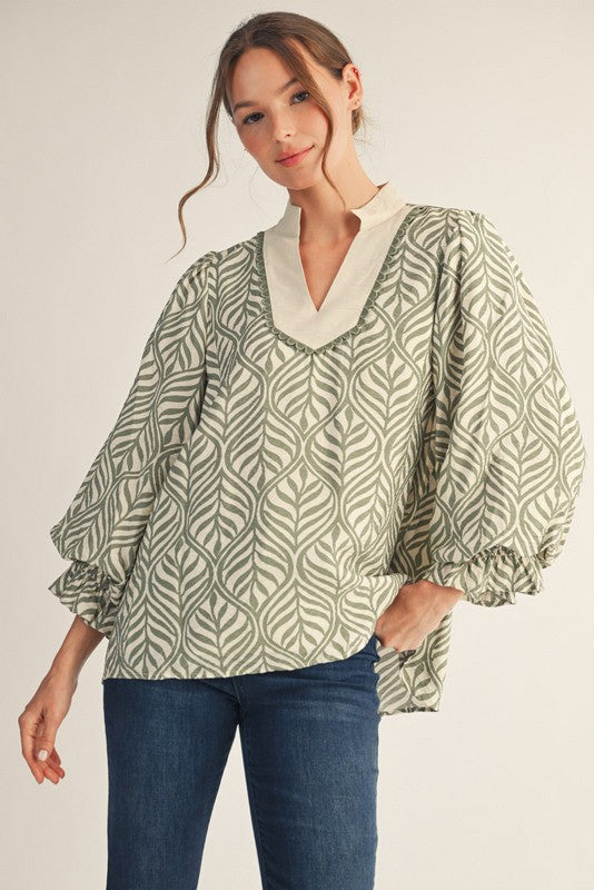Sage and White Patterned Collared Shirt