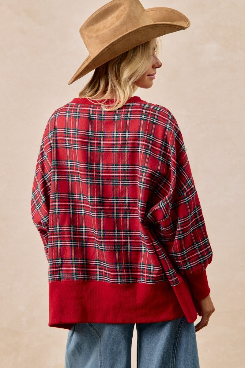 Red Plaid MERRY Letters Oversized Long Sleeve Top