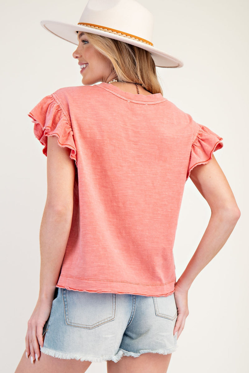Coral Round Neck Relaxed Fit Wing Sleeve Top