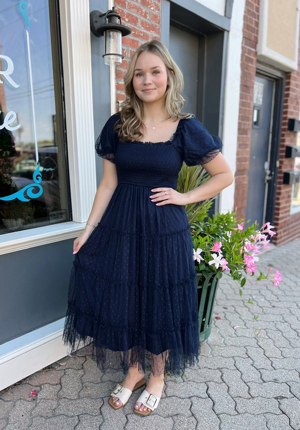 Tulle Layered Midi Dress With Short Sleeves