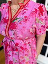 Pink Floral V-Neck Elastic Waist Midi Dress