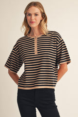 Striped Short Sleeve Front Button Sweater