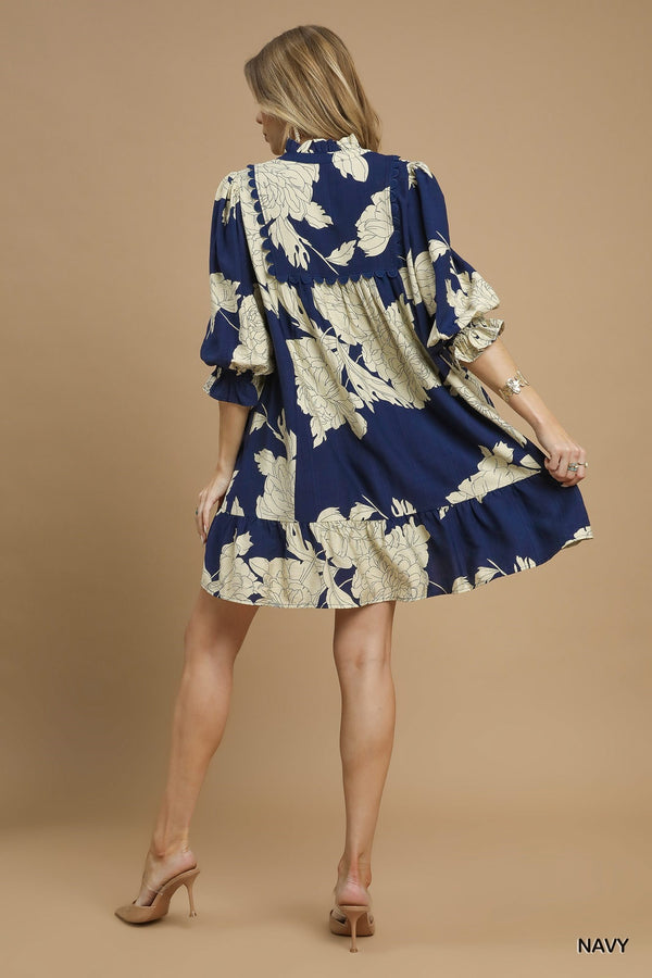 Navy Floral Tiered Babydoll Dress