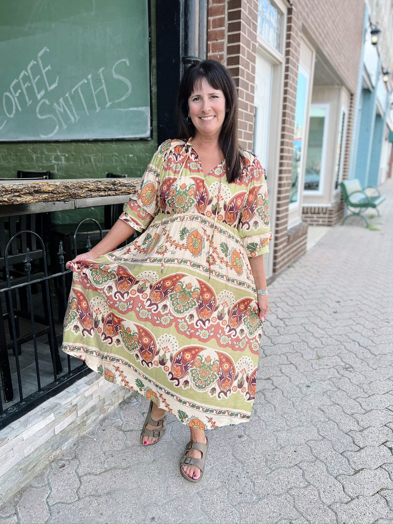Green Mix Scrunch Sleeve Maxi Dress