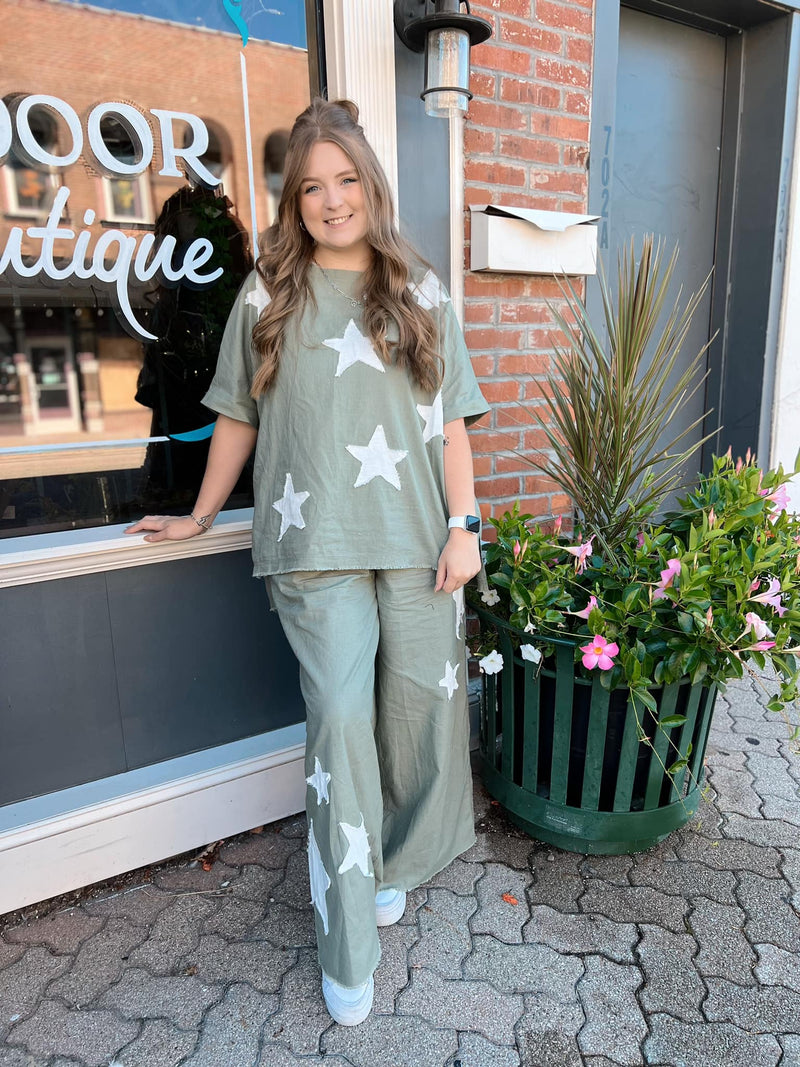 Olive Linen Oversized Star Patched Top