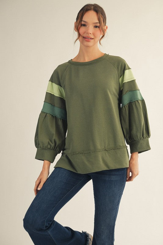 Olive Balloon Colorblock Sleeve Top