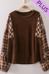Curvy Soft Plaid Contrast Sleeve Top