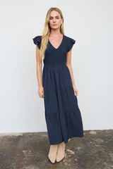 Solid Flutter Sleeve Smocked Midi Dress