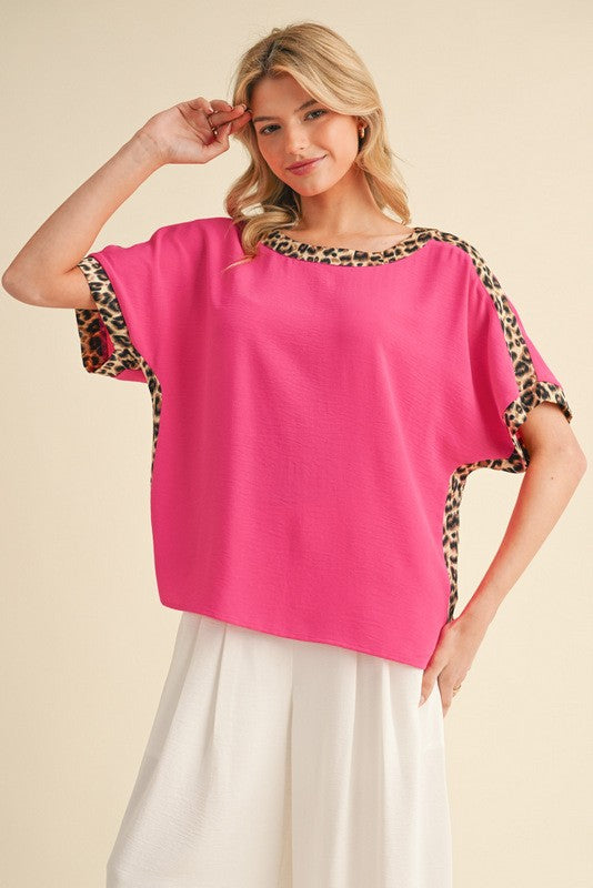 Pink Leopard Trim Dolman Top