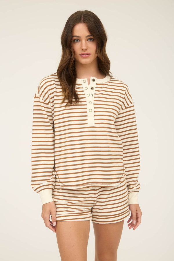 Stripe Henley Snap Button Long Sleeve Top