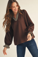 Brown Ruffle Plaid Contrast Top