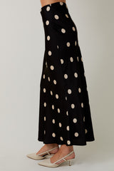 Black Satin Maxi Skirt with Elastic Waist in Polka Dot