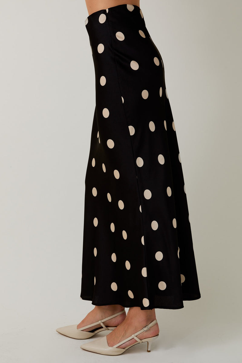 Black Satin Maxi Skirt with Elastic Waist in Polka Dot