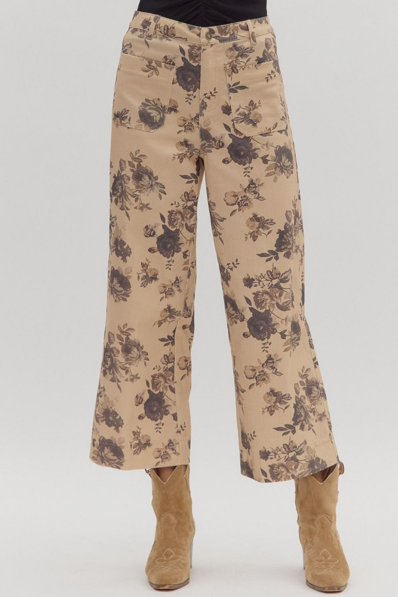 Taupe Dark Floral Pants With Pockets