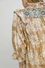 Taupe Damask Tiered Midi Dress With Ruffles