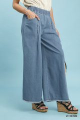 Light Denim Front Pleated Wide Leg Pant