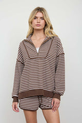 Brown Half Zip Stripe Contrast Trim Long Sleeve Top