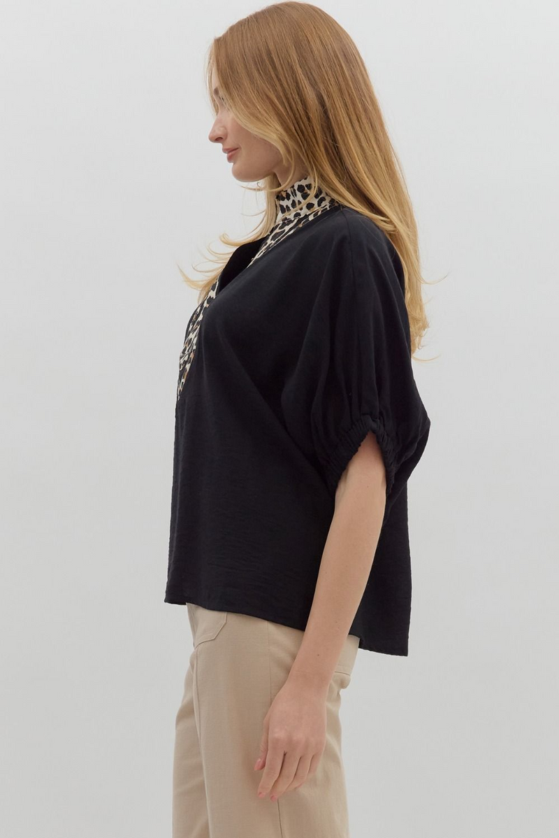 Curvy Black Puff Sleeve Shirt With Leopard Collar