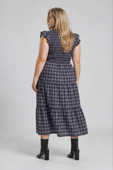 Curvy Navy Plaid V-Neck Smocked Midi Dress