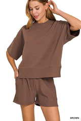 Ribbed Round Neck Waist Banded Tee And Short Set
