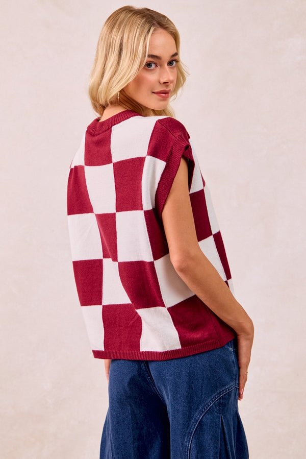 Maroon and White Short Sleeve Checkered Sweater