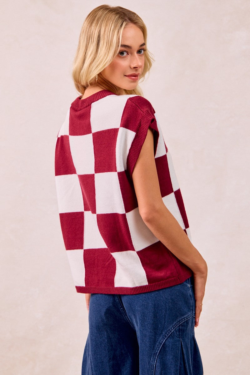 Maroon and White Short Sleeve Checkered Sweater
