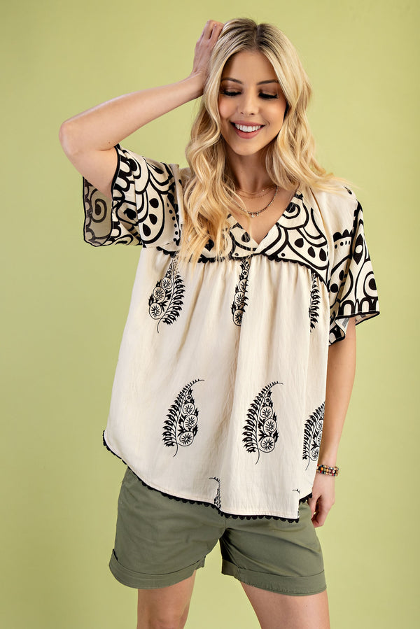 Cream V-Neck Top with Decorative Trim