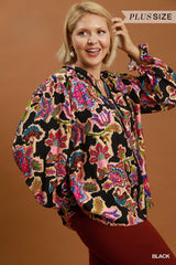 Curvy Black Floral Ruffle Detail Button Down Top