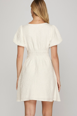 Puff Sleeve V-Neck Jacquard Dress