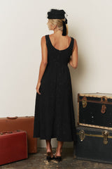Black Floral Jacquard Textured A-Line Midi Dress