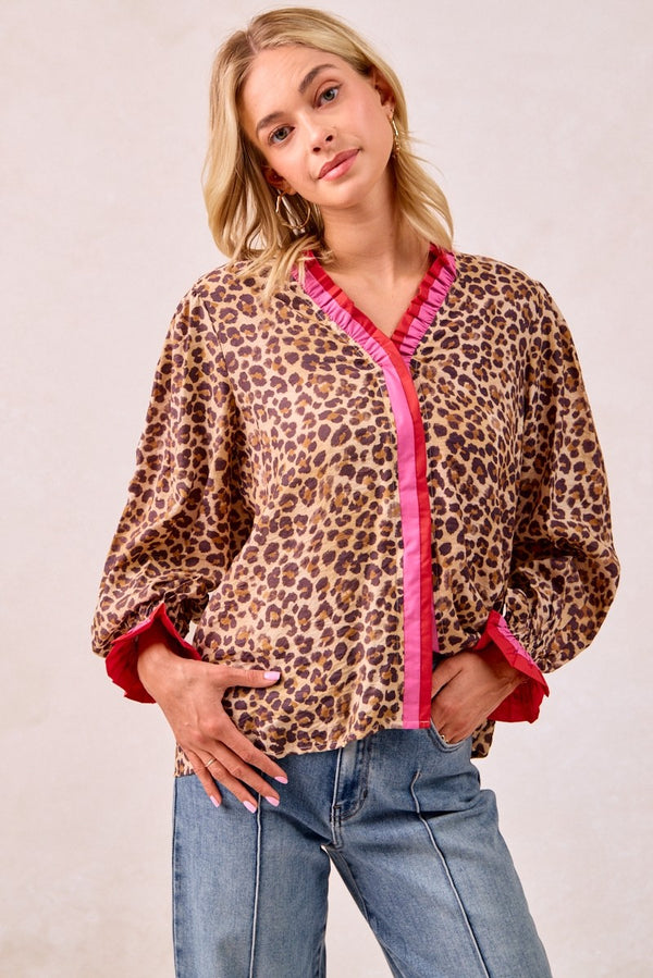 Leopard Printed Top With Colorful Pleated Trim