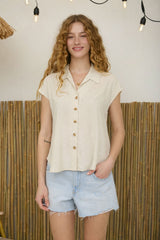 Collared Button Down Short Sleeve Linen  Top