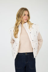 Ivory Polka Dot and Bow Pattern Zip Up Puffer Vest