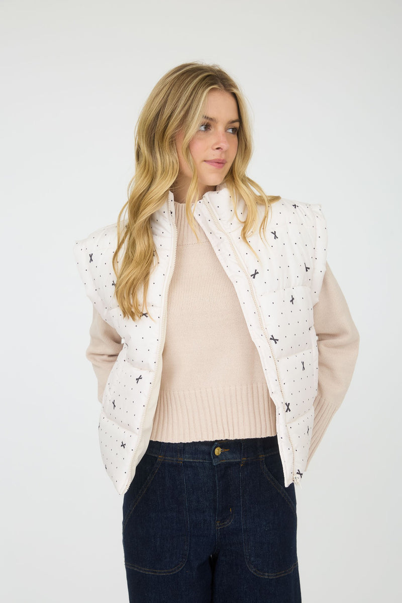 Ivory Polka Dot and Bow Pattern Zip Up Puffer Vest