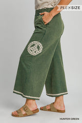 Curvy Hunter Green Peace Sign Embellished Cropped Pants