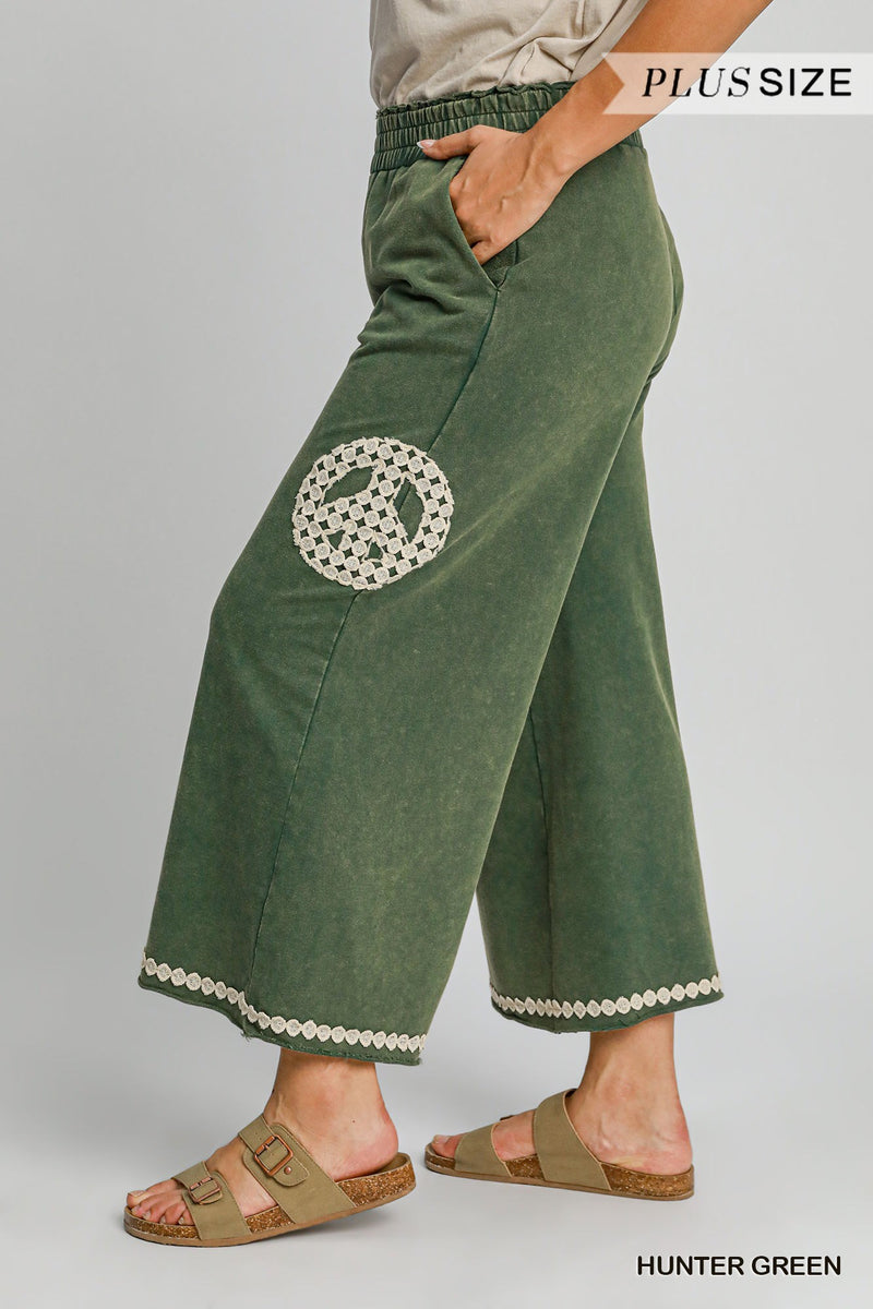 Curvy Hunter Green Peace Sign Embellished Cropped Pants