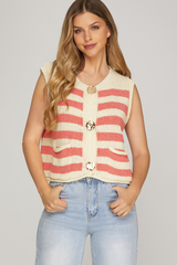 Coral Striped Gold Button Front Vest