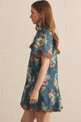 Teal Floral Print Scalloped Trim Dress