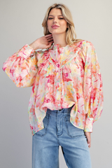 Blush Floral Printed Button Down Top