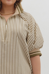 Curvy Olive Stripe Pattern Half-Zip Short Puff Sleeve Top