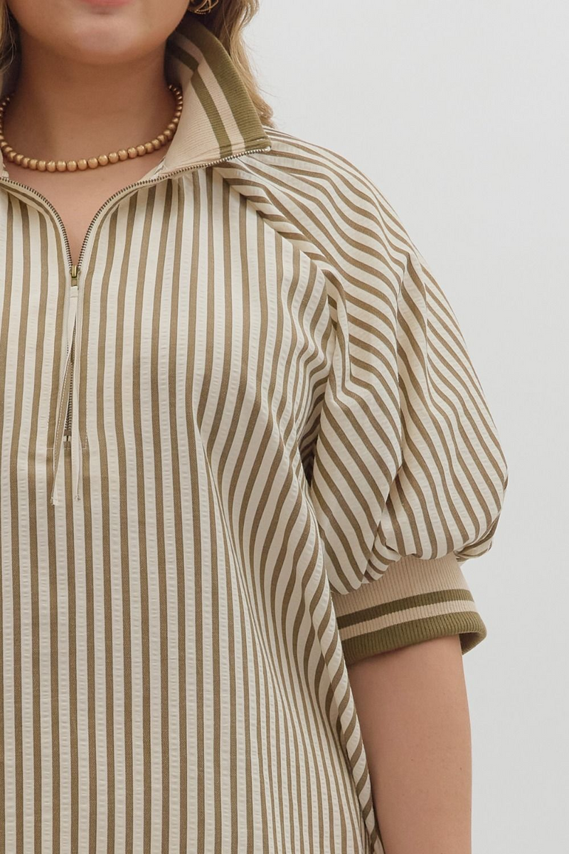 Curvy Olive Stripe Pattern Half-Zip Short Puff Sleeve Top