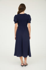 Blue V Neck Front Ties Smocked Puff Sleeve Dress