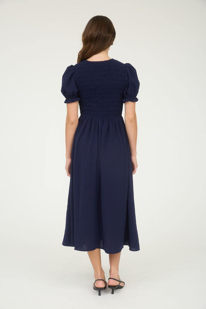 Blue V Neck Front Ties Smocked Puff Sleeve Dress