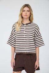 Brown Raw Edge Short Sleeve Button Down Cardigan