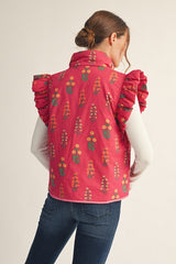 Magenta Floral Patterned Vest With Pockets