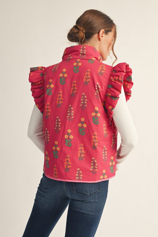 Magenta Floral Patterned Vest With Pockets