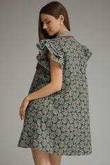 Green Printed Ruffle Sleeve Dress