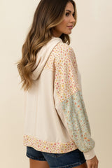 Curvy Oatmeal Floral Bubble Sleeve Hooded Top