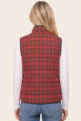 Red Plaid Zip Up Puffer Vest